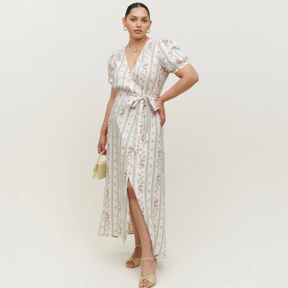 Reformation Floral Stripe Wrap Midi Dress in Ivory and Sage with Pink Floral